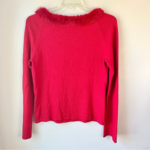 White + Warren Red Holiday Silk and Cashmere Fur Trim Sweater - Picture 4 of 6